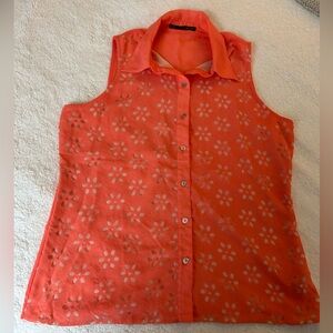 Women’s Size Large Sleeveless Coral Blouse with Floral Cut-out Detail